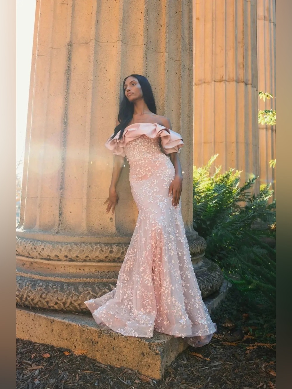 MAC DUGGAL COLLECTION
Rose Embellished Mermaid Gown With Off The Shoulder Ruffle